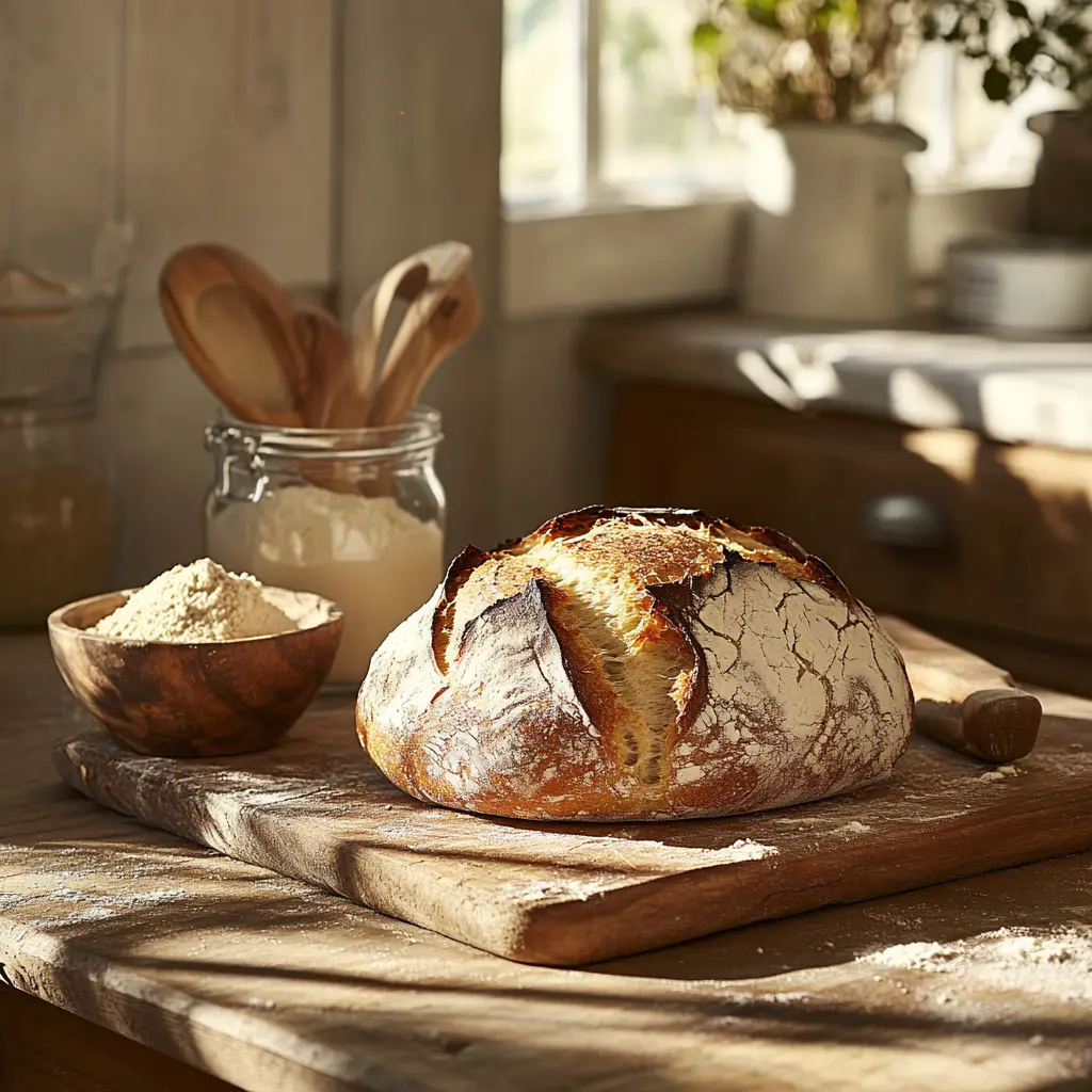 A freshly baked loaf of sourdough bread with a golden, crispy crust, placed on a wooden cutting board in a rustic kitchen setting. The bread features deep artisan-style scoring, with a small bowl of sourdough starter and dusted flour on the table, illuminated by natural light from a nearby window