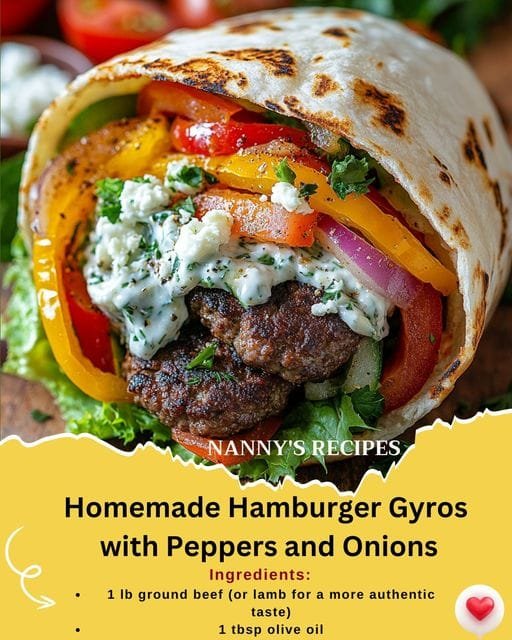 Homemade Hamburger Gyros with Peppers and Onions