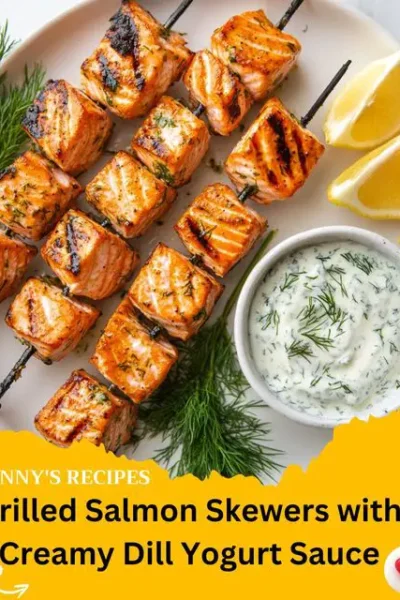 Grilled Salmon Skewers with Creamy Dill Yogurt Sauce recipe