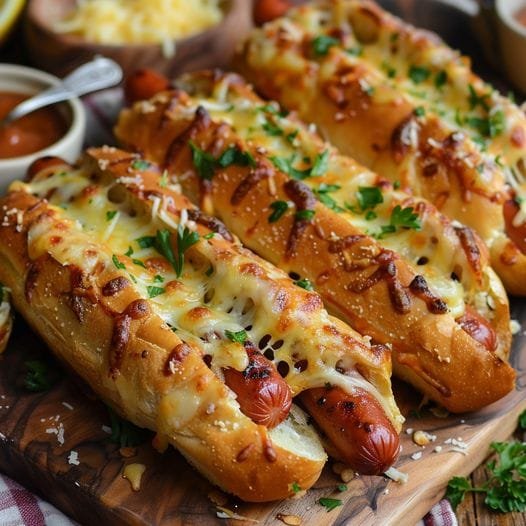 Cheesy Garlic Baguette Hot Dogs Recipe