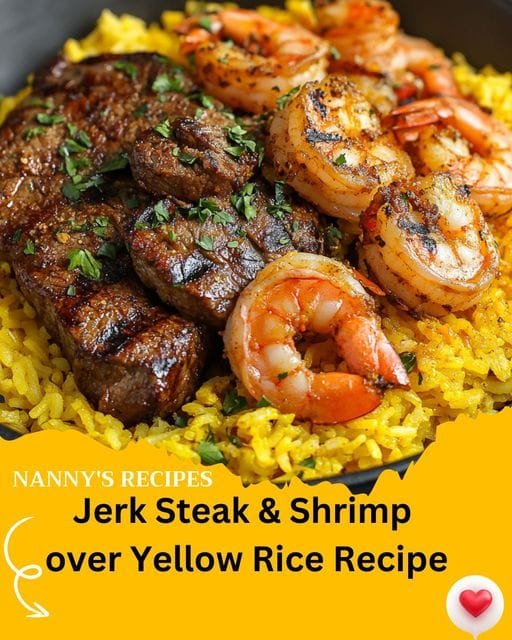 Jerk Steak & Shrimp Over Yellow Rice Recipe