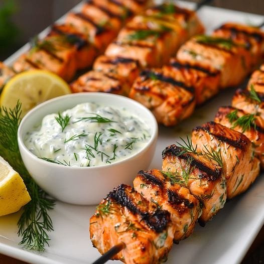 Grilled Salmon Skewers with Creamy Dill Yogurt Sauce Recipe