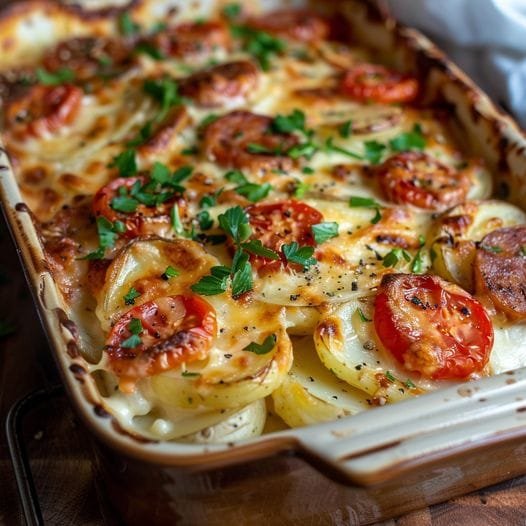 Potato Gratin with Chorizo, Tomato, and Béchamel Recipe