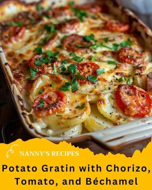 Potato Gratin with Chorizo, Tomato, and Béchamel Recipe