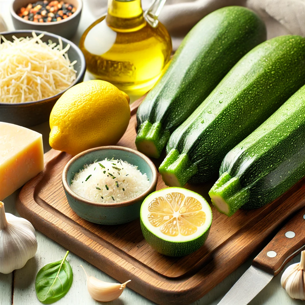 A close-up of fresh ingredients arranged for Parmesan Lemon Zucchini recipe. The setup includes fresh zucchinis, a lemon with zest, minced garlic, gra