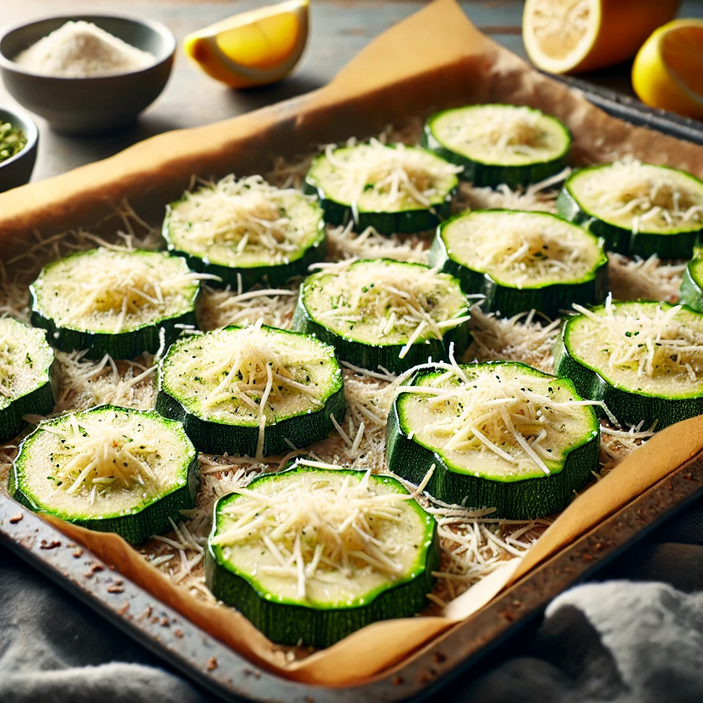 Zucchini slices arranged on the tray with a layer of parmesan cheese.