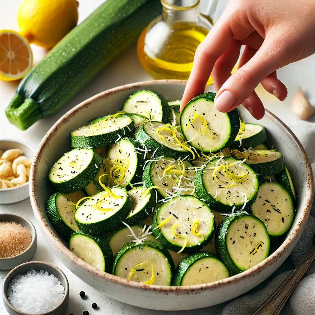 Photo of cutting and seasoning the zucchini: Zucchini cut and seasoned with olive oil, garlic, lemon zest, salt and pepper.