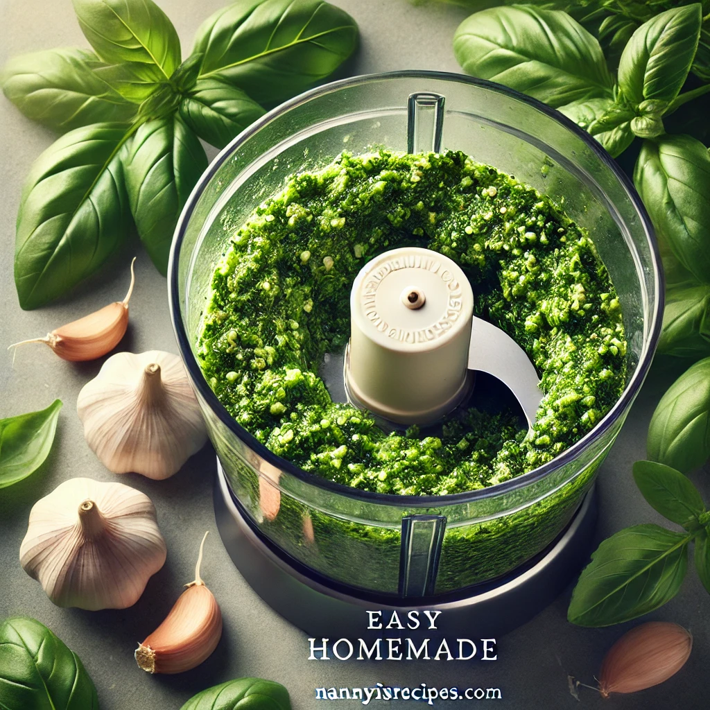 Basil leaves and garlic in a food processor after being finely chopped to make pesto.