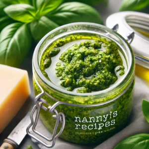 realistic photo of freshly made pesto in a glass jar for the Easy Homemade Pesto recipe. The pesto has a vibrant green color with a thin l