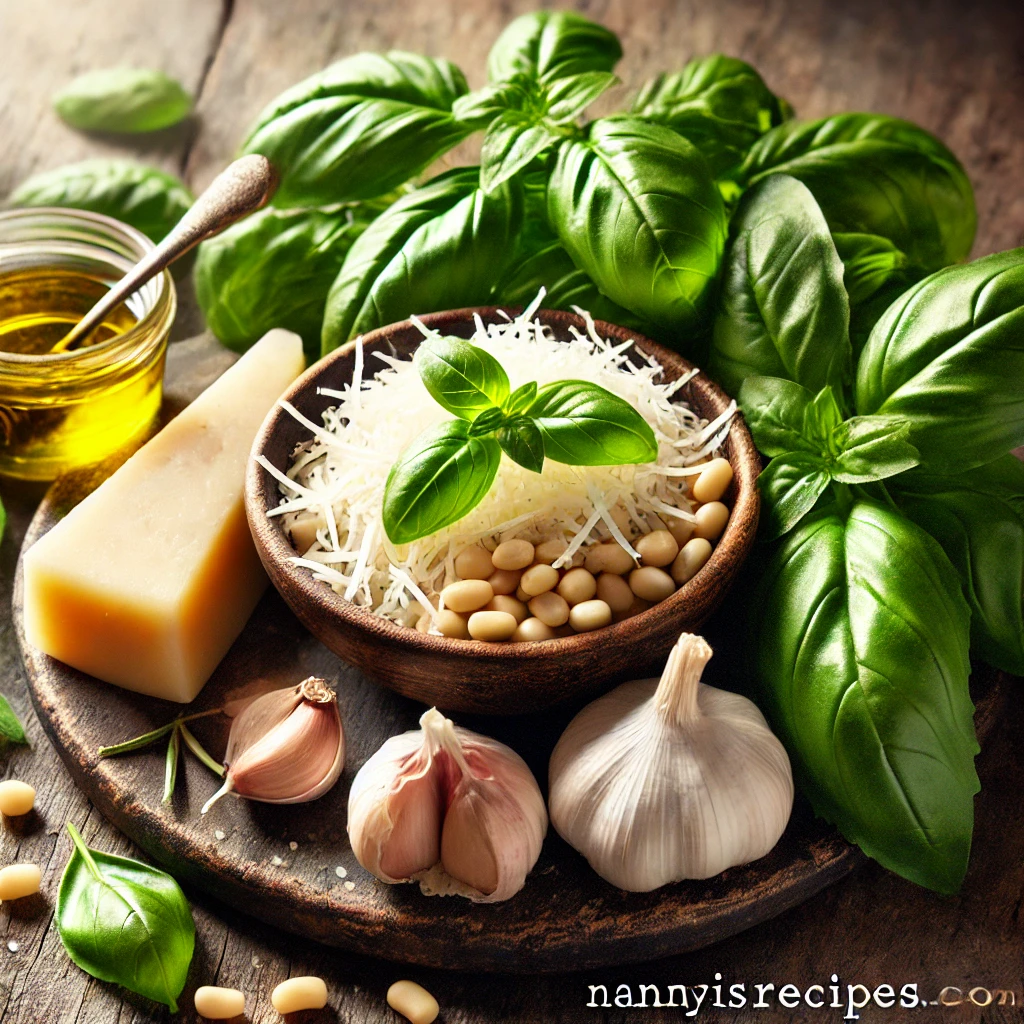 A photo of the main ingredients such as fresh basil leaves, parmesan cheese, garlic, pine nuts, and olive oil arranged beautifully.