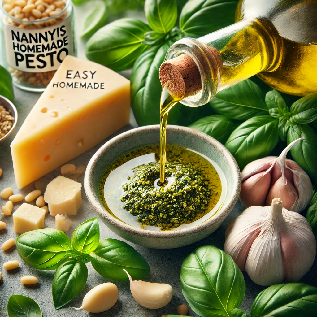 realistic photo of ingredients with olive oil being poured for Easy Homemade Pesto. Fresh basil leaves, Parmesan cheese, garlic cloves, an