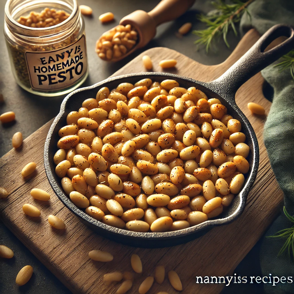 realistic photo of pine nuts toasting in a small skillet for the Easy Homemade Pesto recipe. The pine nuts are golden brown, giving a rich