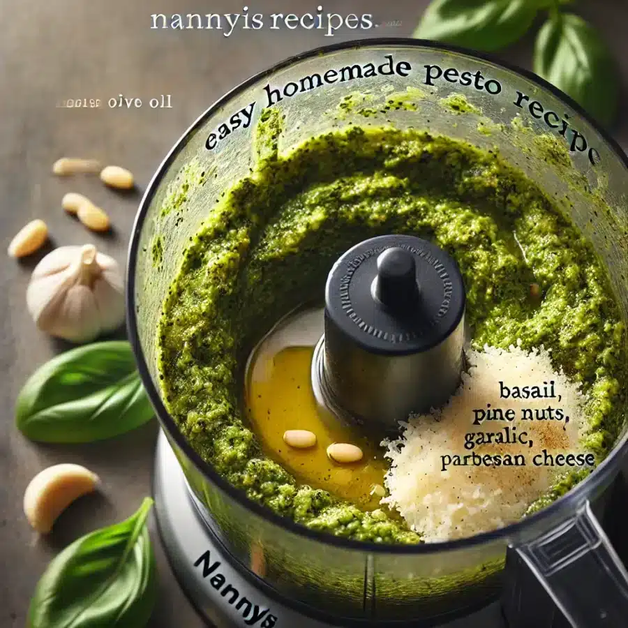 EASY HOMEMADE PESTO 7 The mixture of basil, pine nuts, garlic and Parmesan cheese after processing in a food processor, appears as a rough paste.