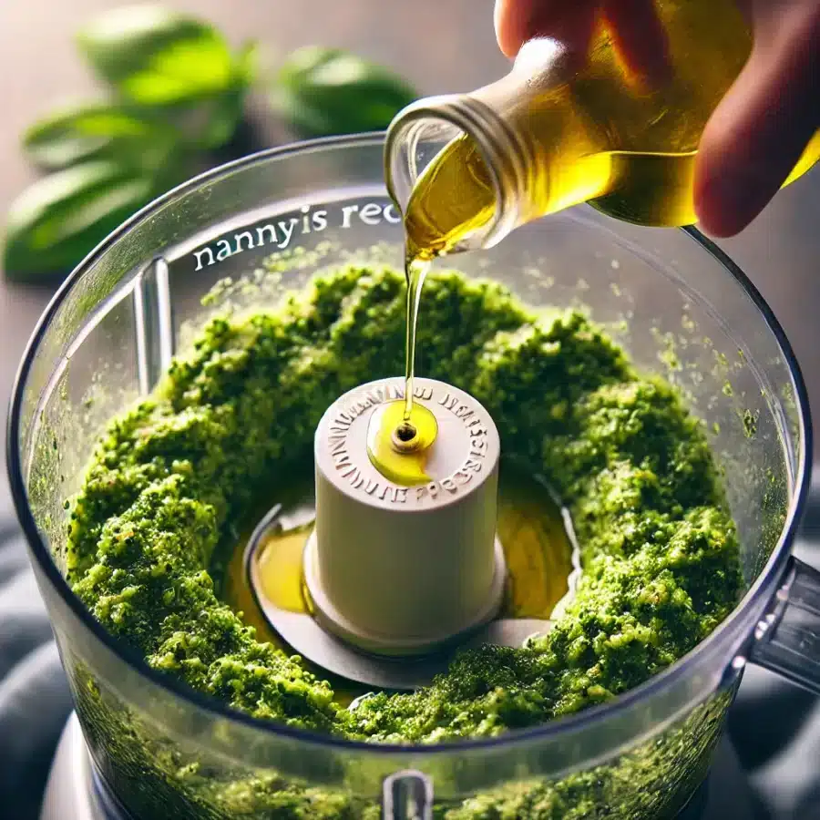 EASY HOMEMADE PESTO 8 realistic photo showing olive oil being added gradually to the pesto mixture in a food processor for the Easy Homemade Pesto recipe. The m