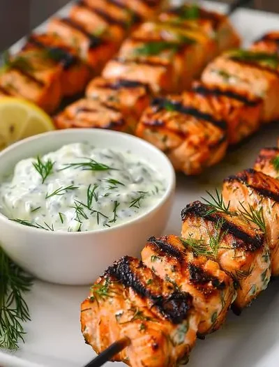 Grilled Salmon Skewers with Creamy Dill Yogurt Sauce Recipe