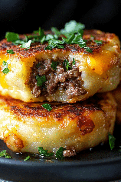 Cheesy Beef Stuffed Potato Cakes