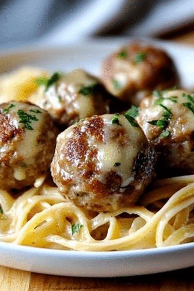 Easy Garlic Butter Meatballs served over creamy Parmesan linguine
