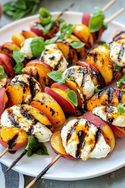 Grilled Peach & Burrata Skewers with Balsamic Glaze
