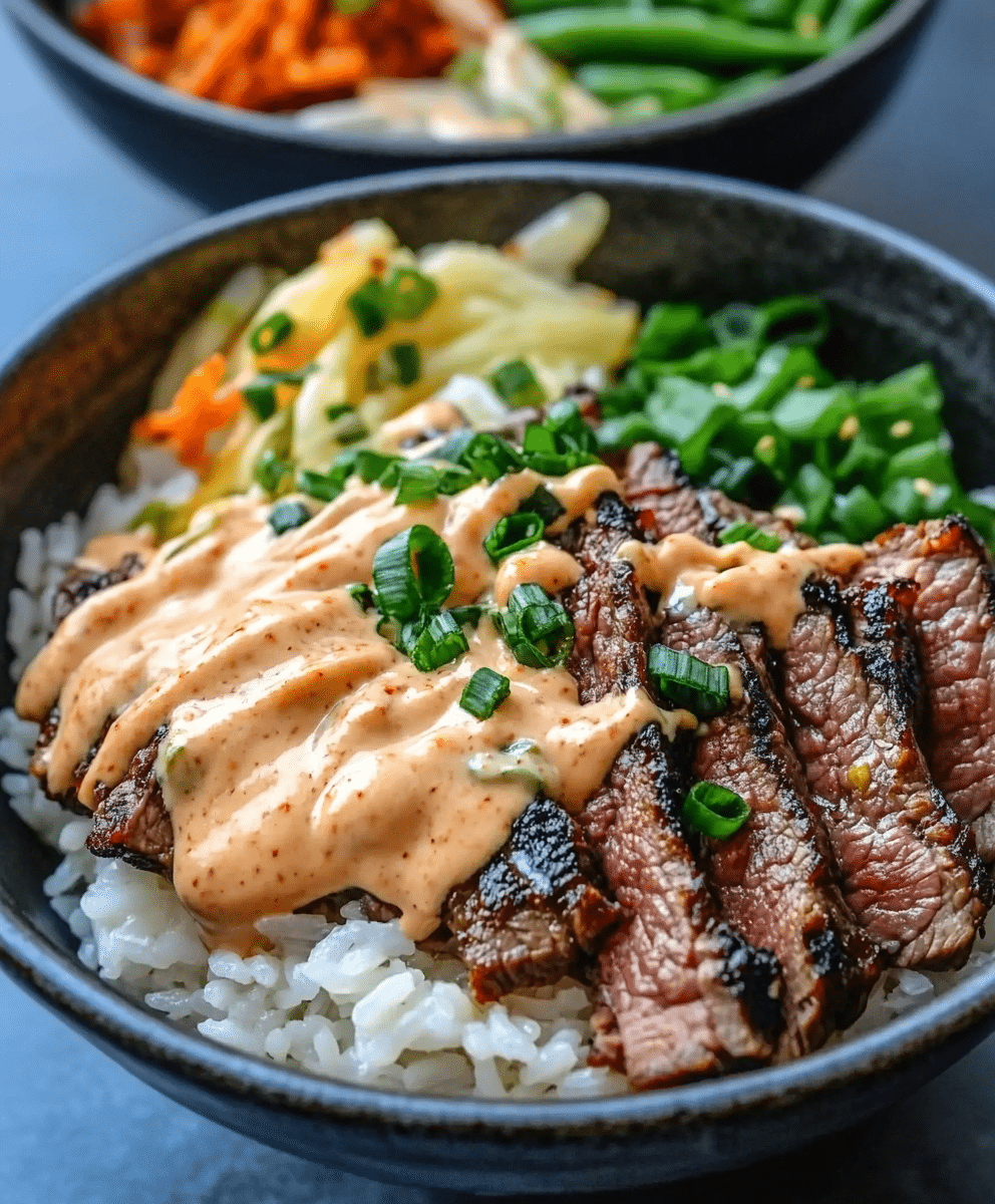 Korean BBQ Steak Rice Bowls with Spicy Cream Sauce