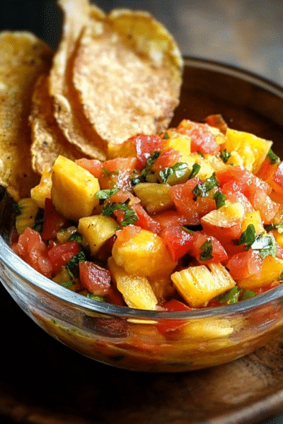 Spicy Mango Pineapple Salsa with Plantain Chips