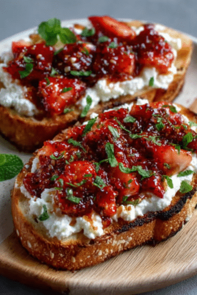 Strawberry Kimchi Jam Toast with Ricotta & Mint