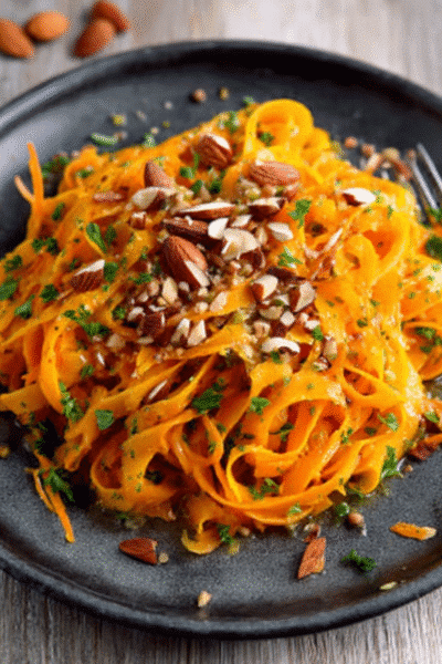 Zesty Carrot Ribbon Salad with Toasted Almonds & Miso Dressing