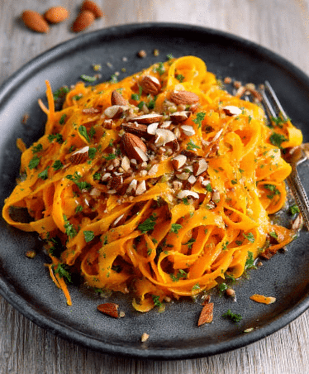 Zesty Carrot Ribbon Salad with Toasted Almonds & Miso Dressing