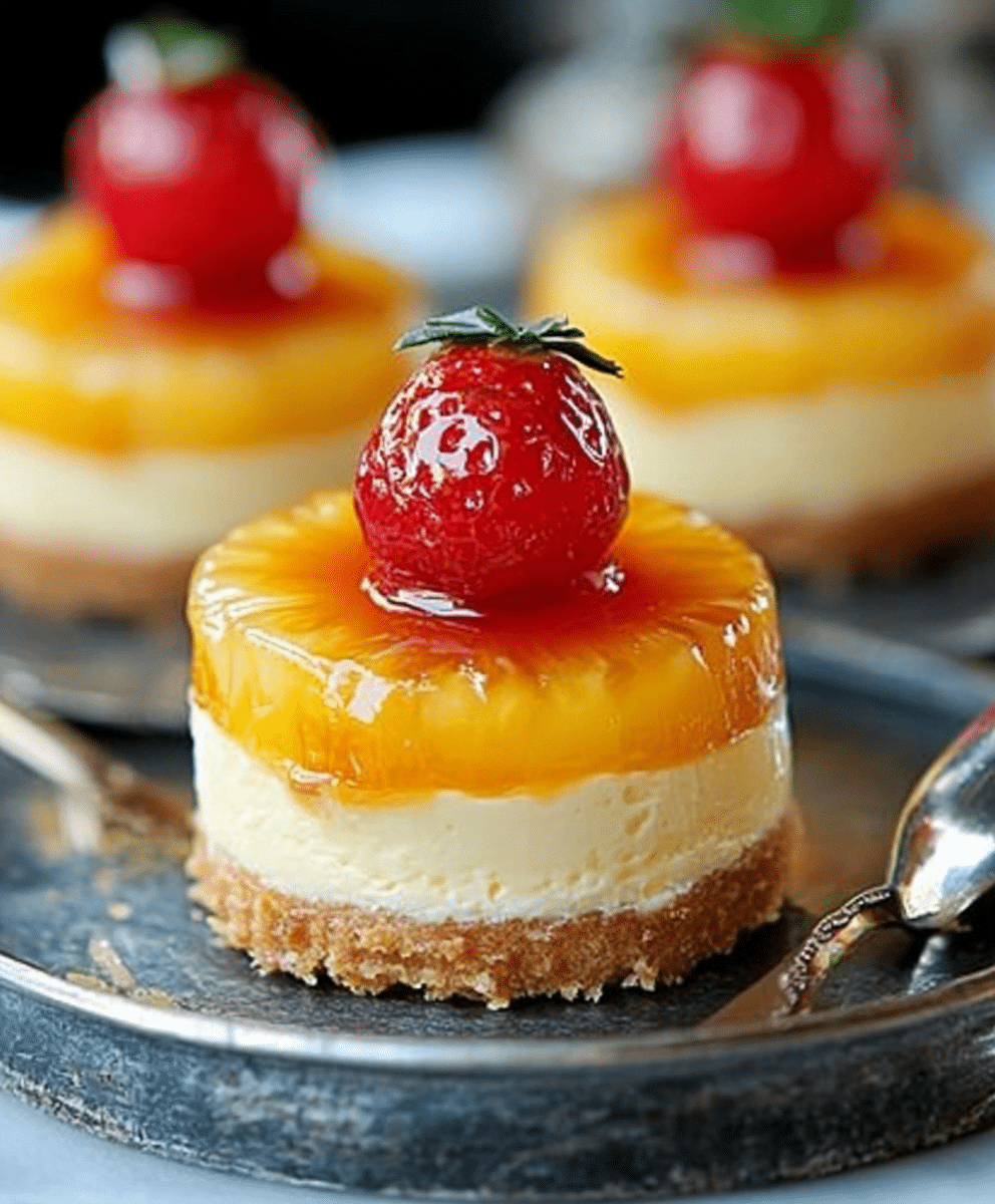 Mini pineapple upside-down cheesecakes are a must-try! 3 mini pineapple upside-down cheesecakes