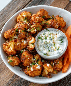 Air Fryer Buffalo Cauliflower Bites with Blue Cheese Foam