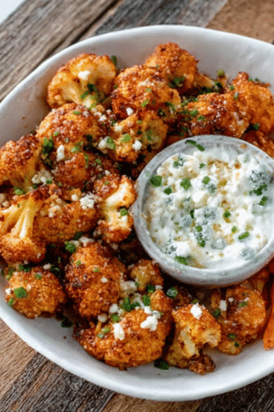 Air Fryer Buffalo Cauliflower Bites with Blue Cheese Foam