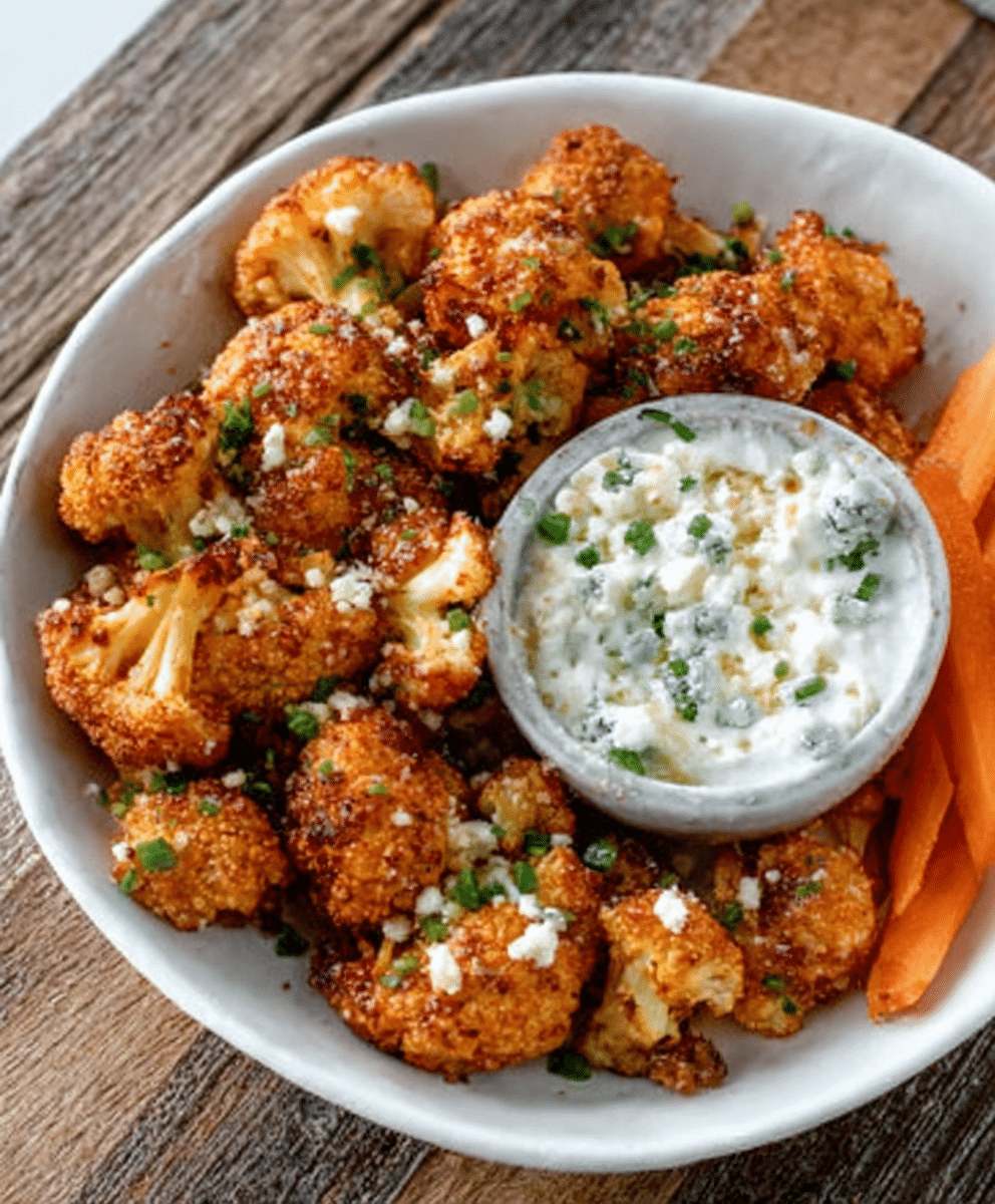 Air Fryer Buffalo Cauliflower Bites with Blue Cheese Foam