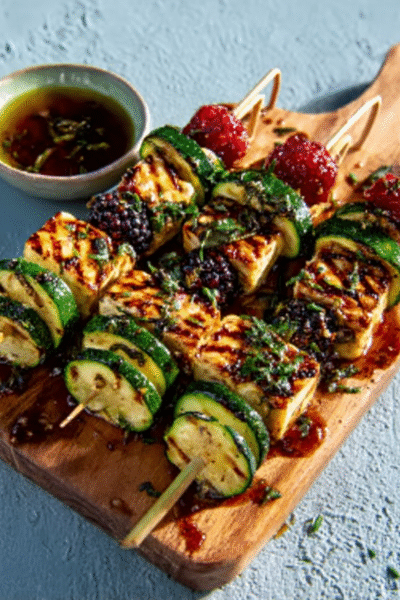 Charred Zucchini & Blackberry Halloumi Skewers