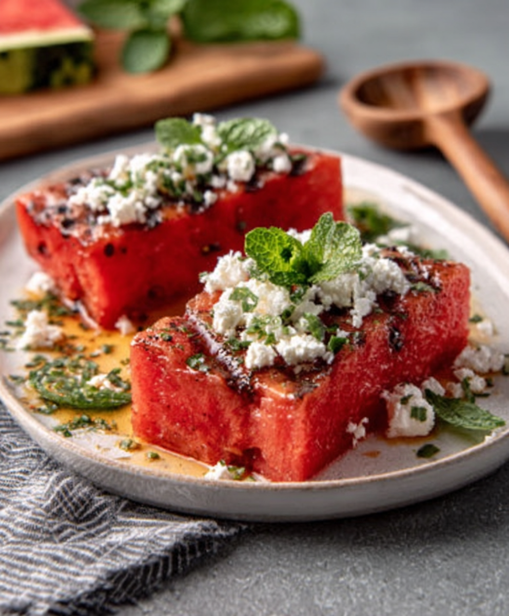 Coffee-Rubbed Watermelon Steaks with Feta Snow