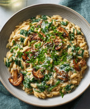 Creamy Keto Orzo with Mushrooms and Spinach