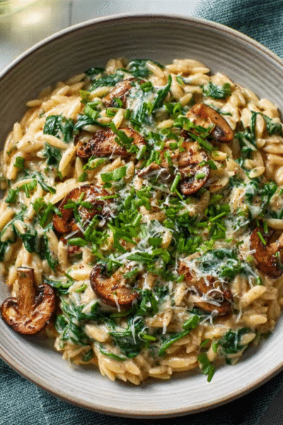 Creamy Keto Orzo with Mushrooms and Spinach