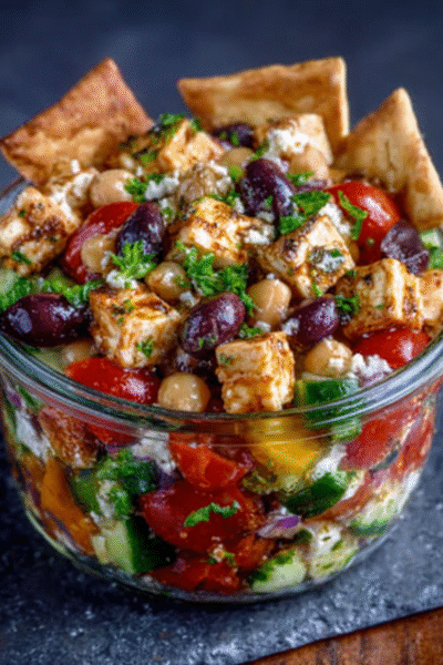Deconstructed Greek Salad Jars with Pita Chips