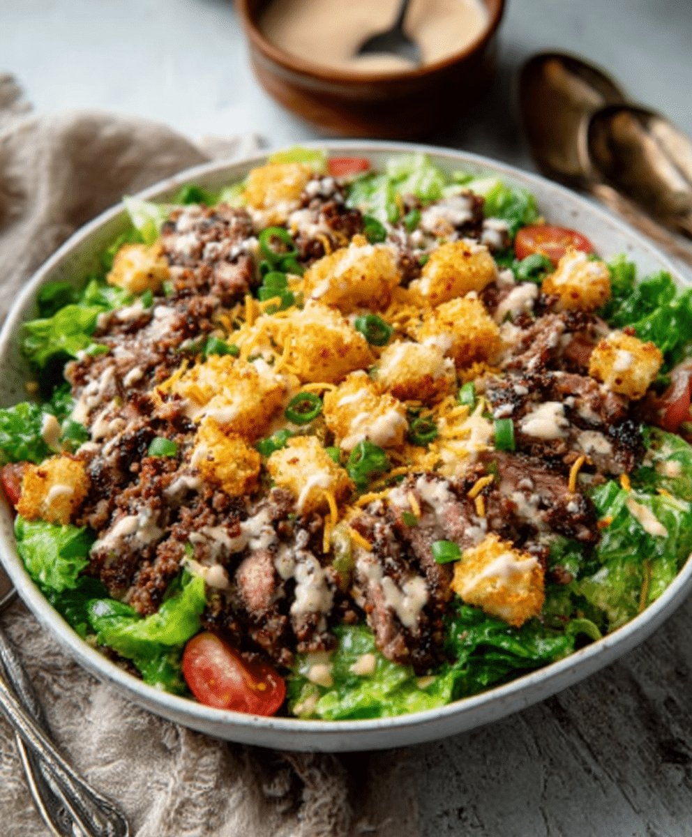 Deconstructed Keto Big Mac Salad with Pork Rind Croutons