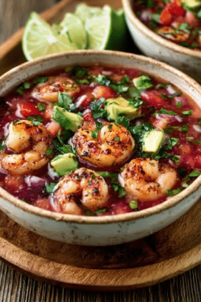 Dragon Fruit Gazpacho with Chili-Lime Shrimp