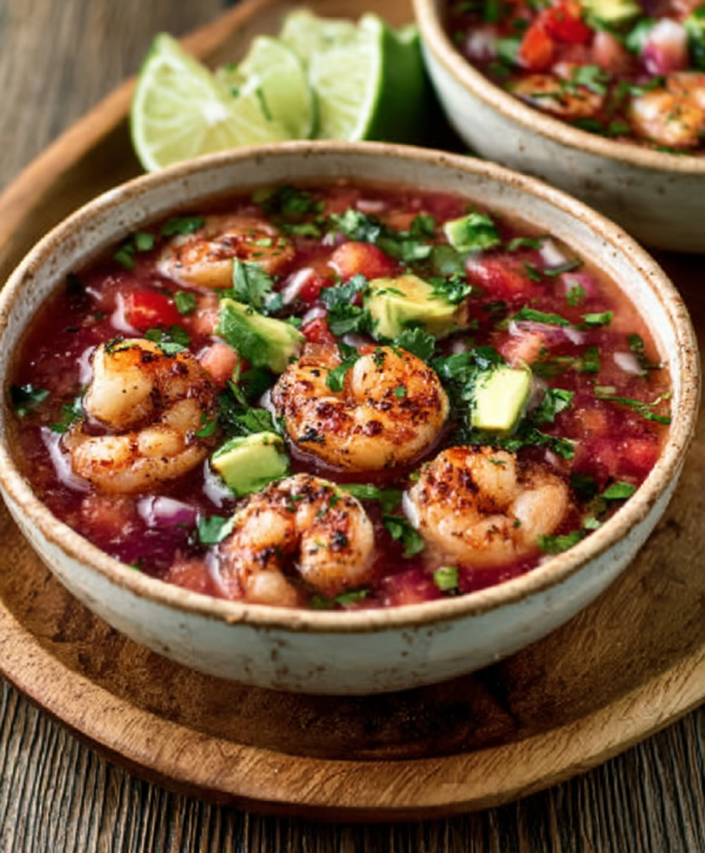 Dragon Fruit Gazpacho with Chili-Lime Shrimp