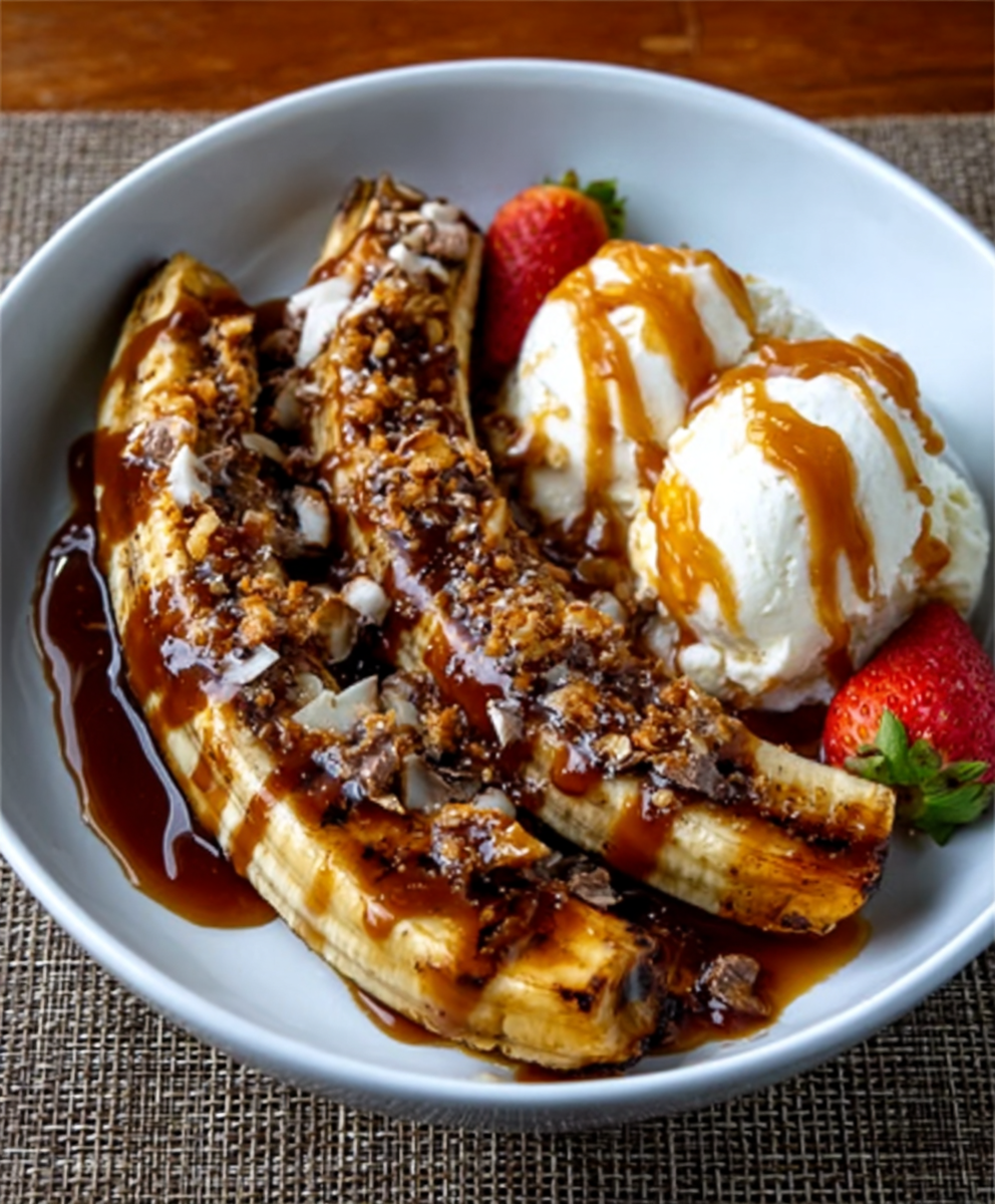Grilled Banana Split with Miso Caramel