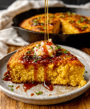 Honey Butter Cornbread Skillet with Spicy Maple Glaze