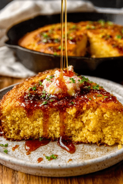 Honey Butter Cornbread Skillet with Spicy Maple Glaze