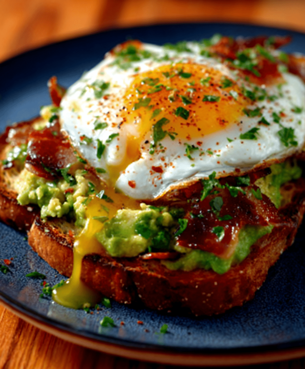 Loaded Avocado Toast with Crispy Pancetta & Fried Egg