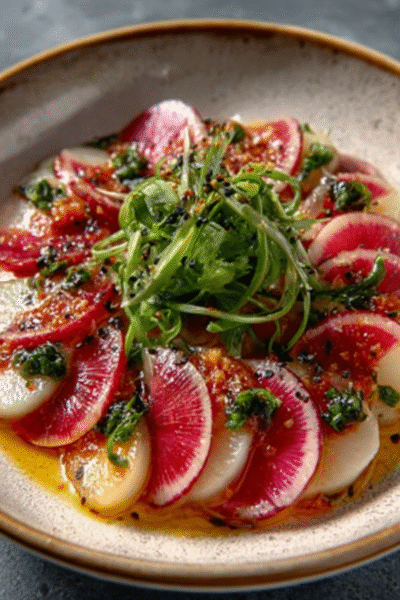Rainbow Radish Crudo with Yuzu Drizzle