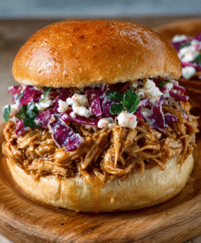 Slow Cooker Honey Mustard Shredded Chicken Sandwich