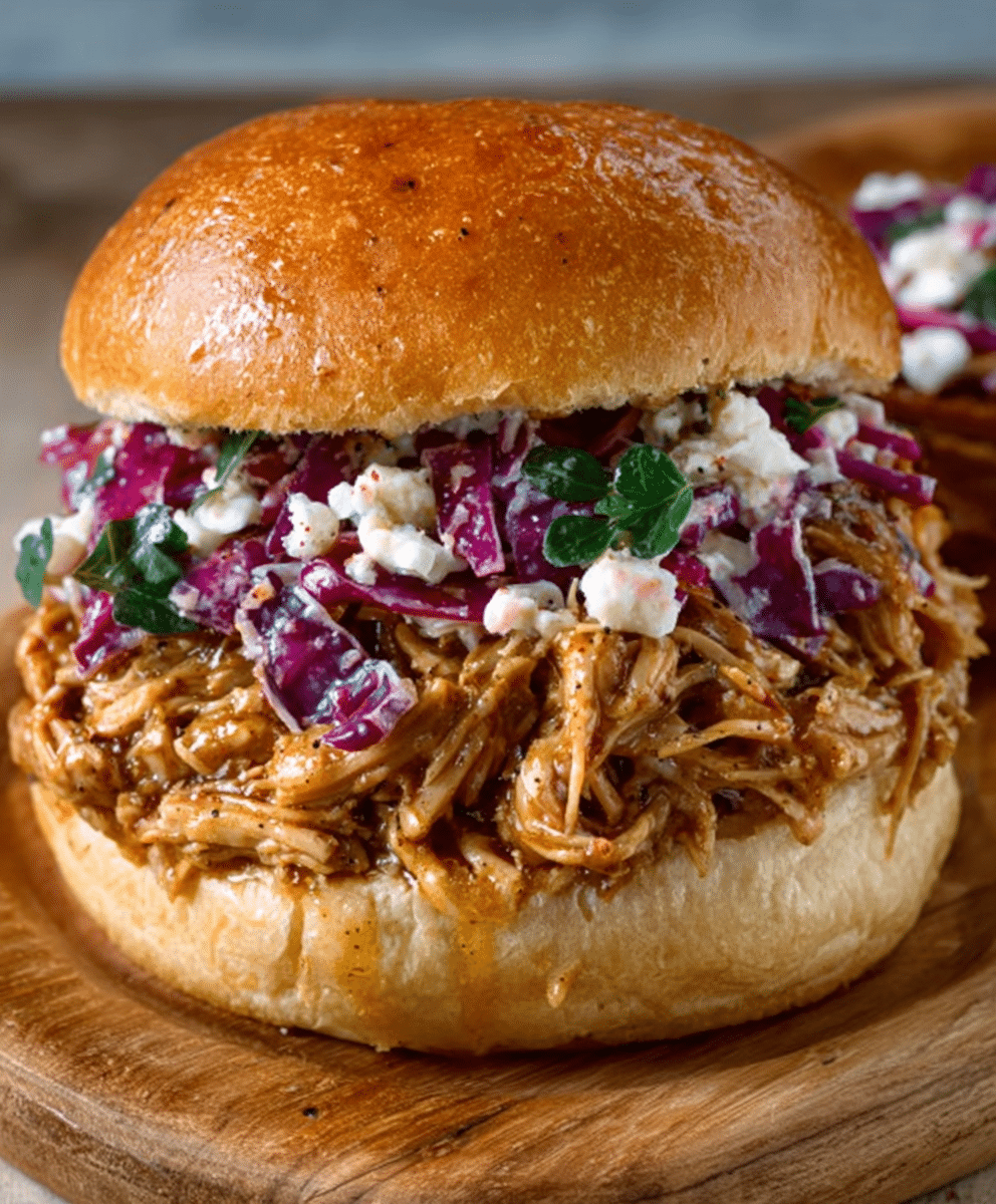 Slow Cooker Honey Mustard Shredded Chicken Sandwich