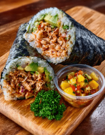 Sushi Burrito with Spicy Crab & Mango Salsa