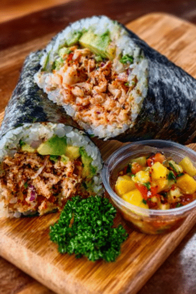 Sushi Burrito with Spicy Crab & Mango Salsa