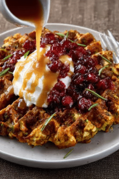 Thanksgiving Stuffing Waffles with Gravy Drizzle