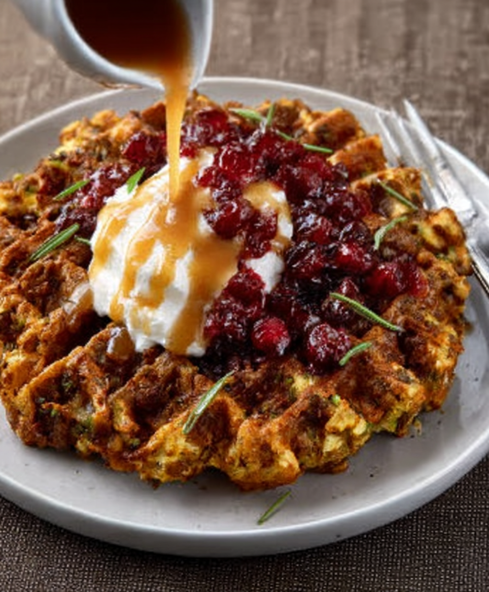 Thanksgiving Stuffing Waffles with Gravy Drizzle